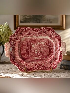 Vintage Mason’s Vista Red English Transferware Ironstone Handled Serving Dish